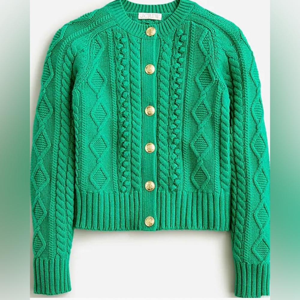 J. Crew Green Cable Knit Cardigan Sweater